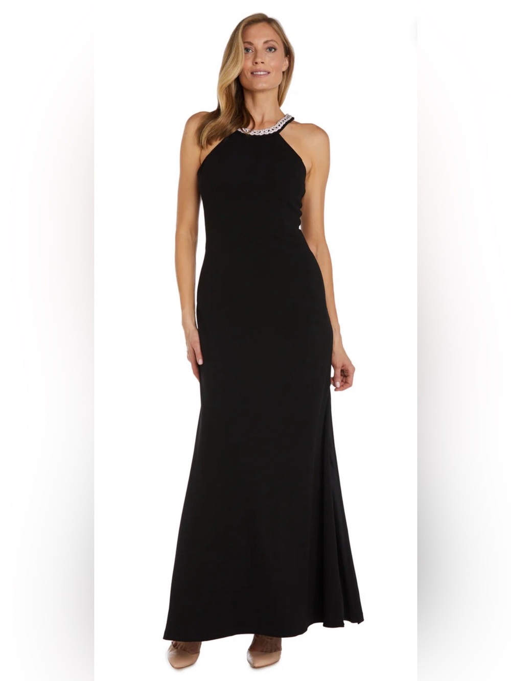 Nightway Black Halter Embellished Neckline Formal Evening Gown Size 12